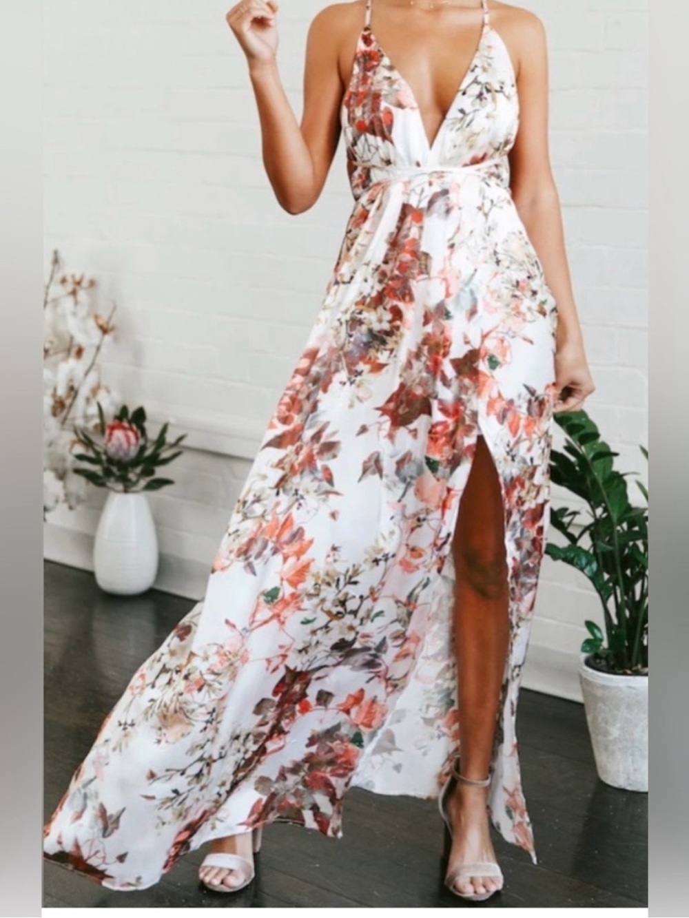 Hello Molly Floral Print Orange Pink Maxi Dress size L boho chic wedding guest